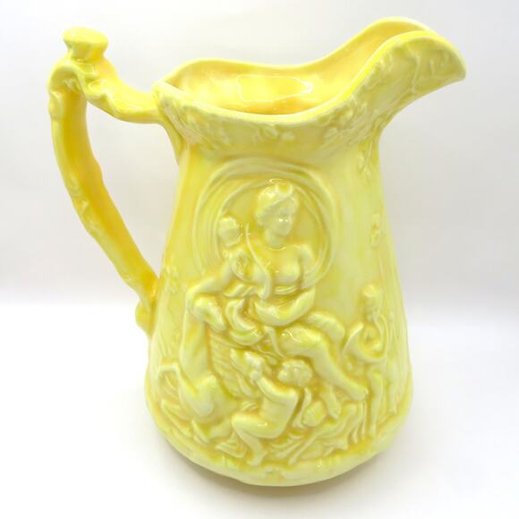 Vintage Yellow Relief Pitcher Cherubs Signed HEM ’77 “Tudir” Studio Pottery - Picture 2 of 14